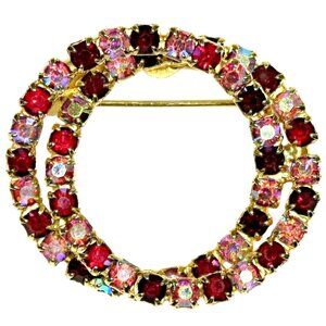 Vintage Entwined Circles Brooch Red & Pink Aurora Borealis Rhinestones Gold Tone